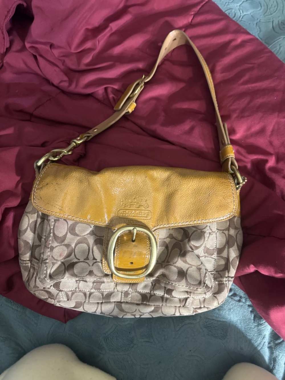 Coach Two-Tone Signature Canvas Shoulder Bag in Mustard and Beige